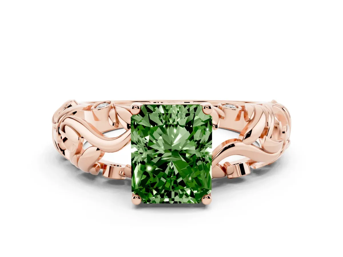 Fancy Green Radiant Cut Solitaire Diamond Leaf-Inspired Vine Band Ring with Prong Setting Rose gold
