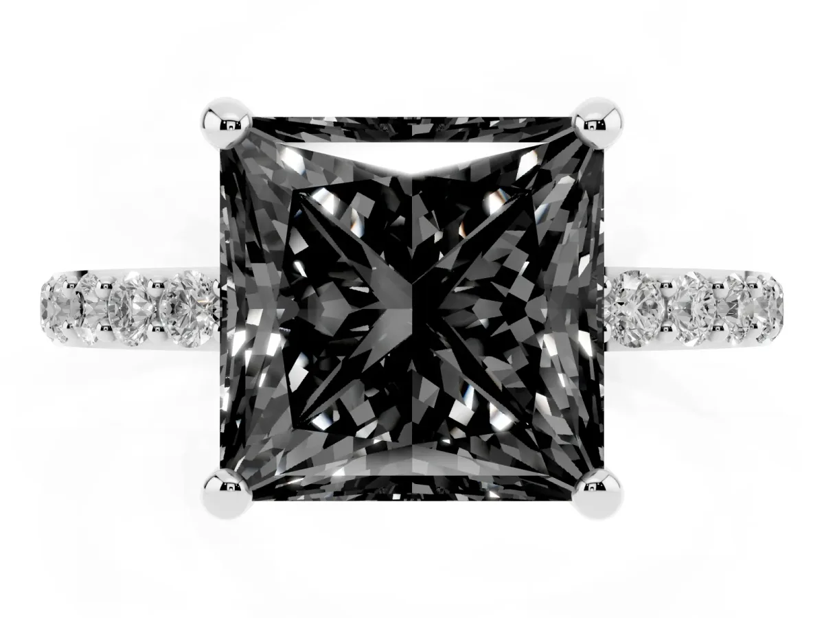 Fancy Black Princess Cut Diamond Solitaire Ring with Round Pavé Band and Prong Setting Silver