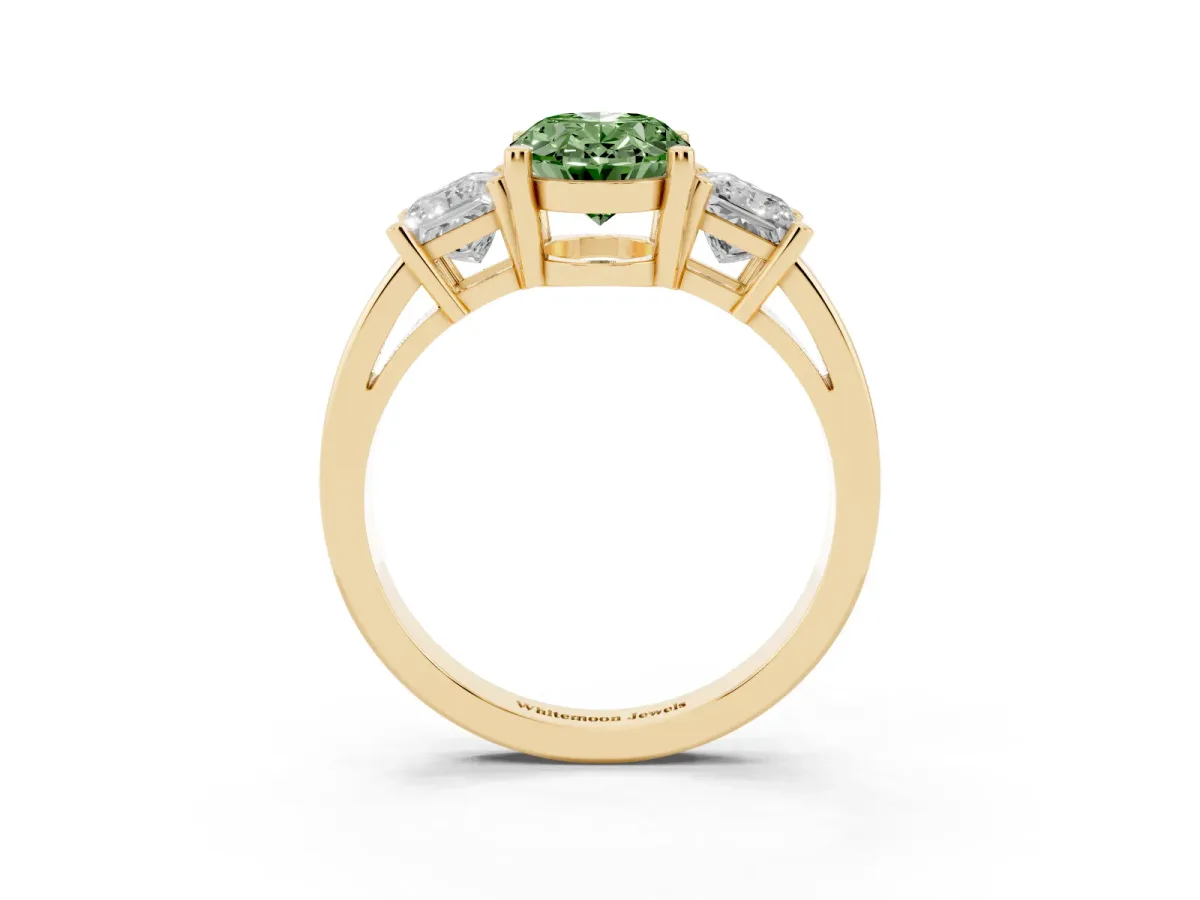 Fancy Green Three-Stone Oval Cut Cut Solitaire Ring with Prong Setting Yellow gold