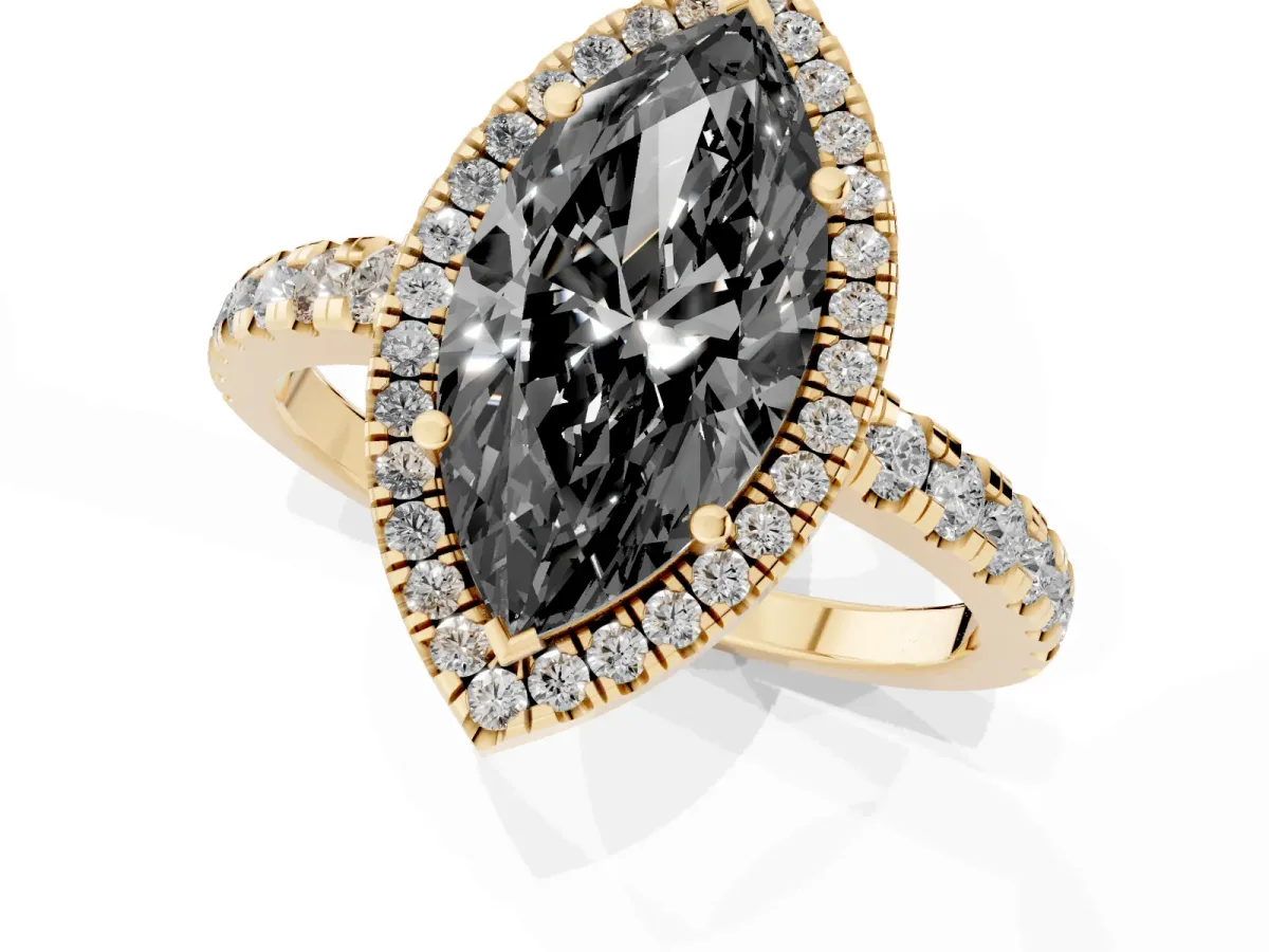 Fancy Black Marquise Cut Diamond Halo Ring with Pavé Band and Four-Prong Setting Yellow gold