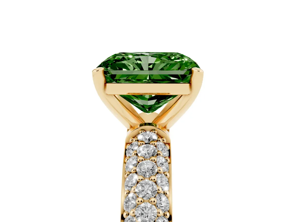 Fancy Green Radiant Cut Diamond Solitaire Ring with Prong Setting and Pavé Band Yellow gold