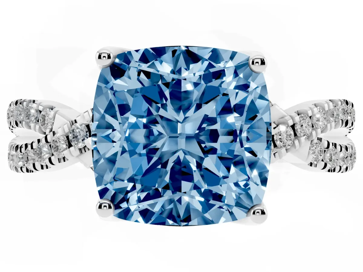 Fancy Blue Cushion Cut Solitaire Twist Pave Diamond Engagement Ring with Prong Setting Silver