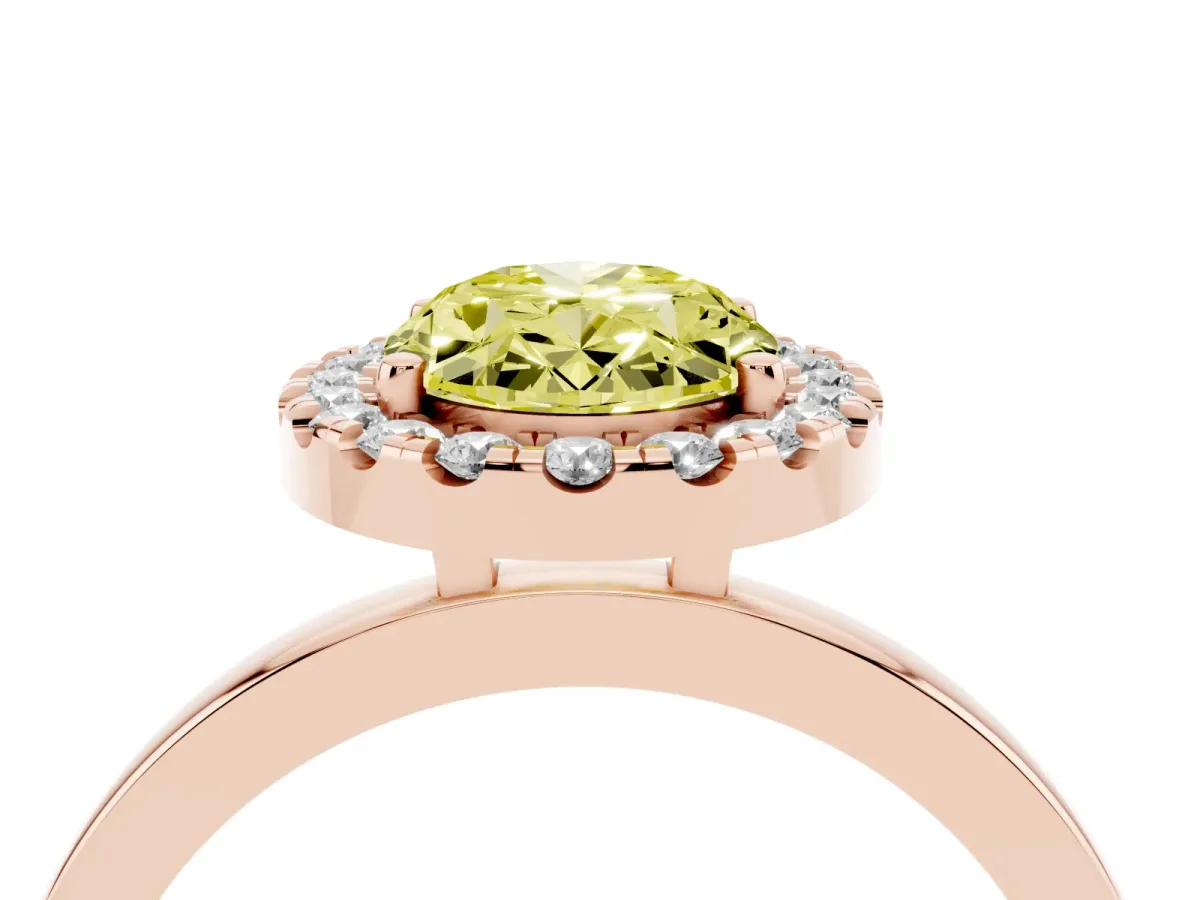 Fancy Yellow Oval Cut Halo Diamond Solitaire with Pavé Band and Four-Prong Setting Rose gold