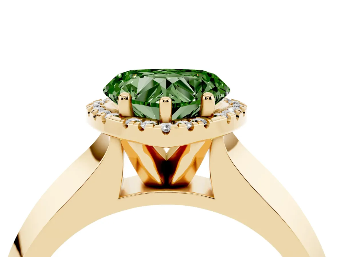 Fancy Green Heart Cut Halo Diamond Ring with Cathedral Band and Four-Prong Setting Yellow gold