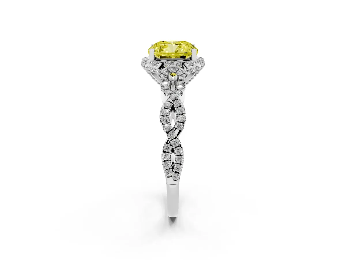 Fancy Yellow Cushion Cut Halo Twist Band Solitaire Ring with Six-Prong Setting Silver
