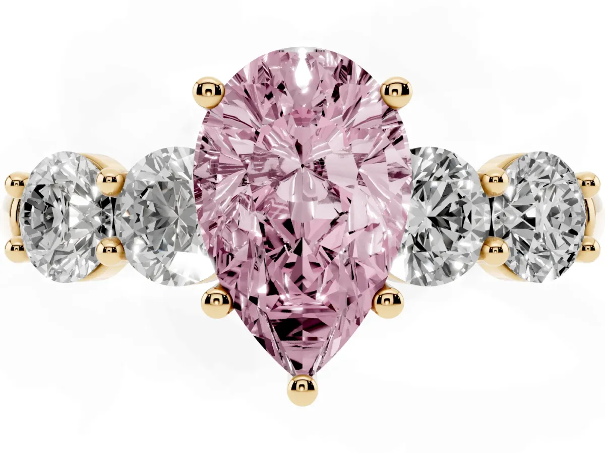 Fancy Pink Pear Cut Cut Five-Stone Prong Set Diamond Ring with Classic Band Yellow gold