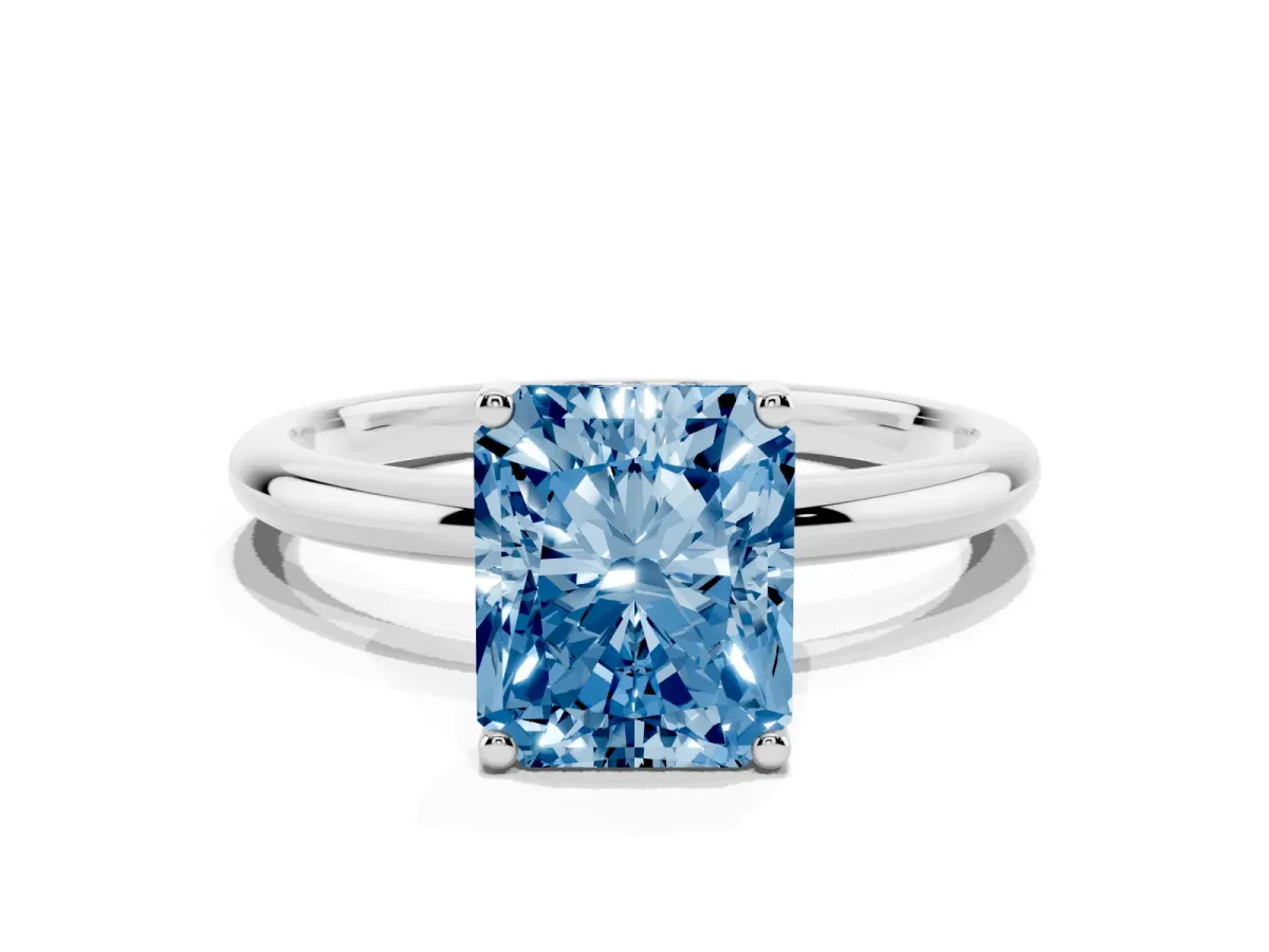 Fancy Blue Radiant Cut Cut Solitaire Engagement Ring with Four-Prong Setting and Classic Band Platinum
