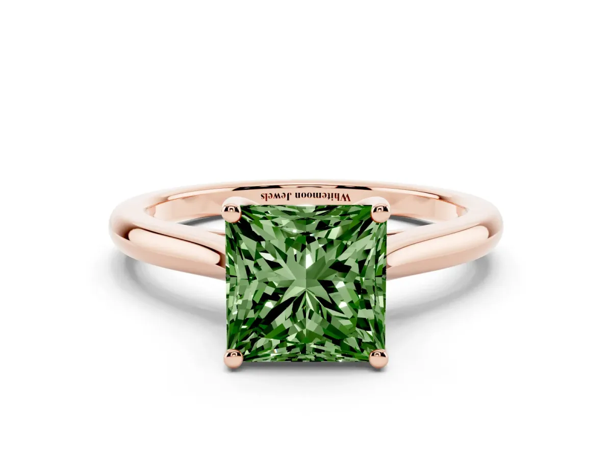 Fancy Green Princess Cut Cut Solitaire Ring with Cathedral Band and Four-Prong Setting Rose gold