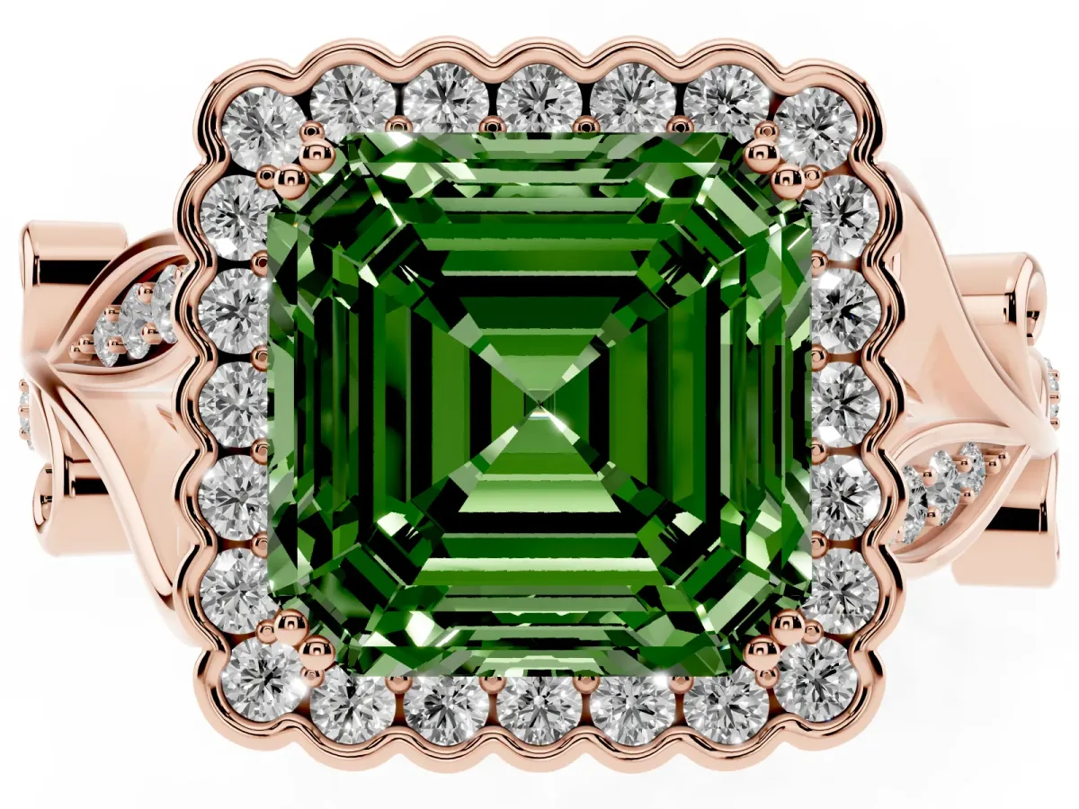 Fancy Green Asscher Cut Diamond Halo Ring with Vintage Split Shank and Four-Prong Setting Rose gold