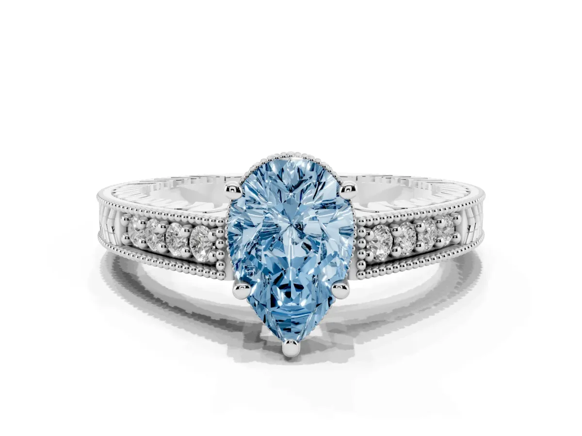 Fancy Blue Pear Cut Solitaire Pavé Diamond Milgrain Engagement Ring with Four-Prong Setting Silver