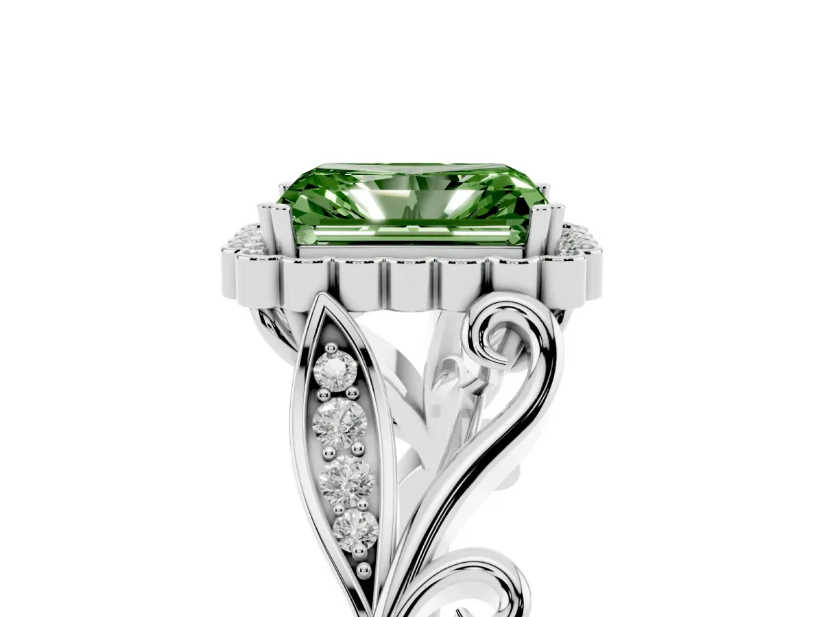 Fancy Green Radiant Cut Diamond Halo Ring with Vintage Split Shank and Four-Prong Setting Silver