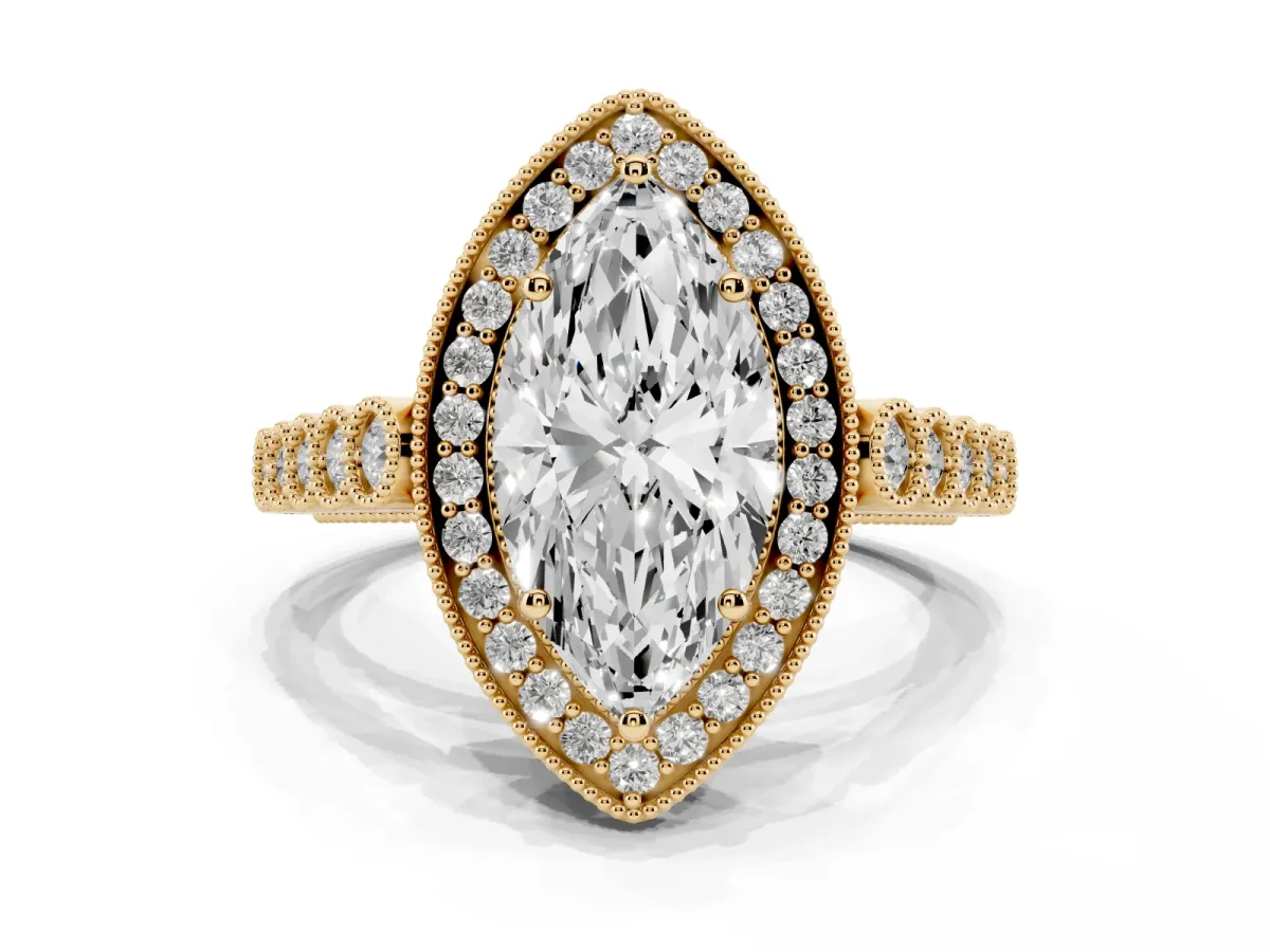 Marquise Cut Halo Milgrain Solitaire with Bezel Set Side Stones and Pave Band Yellow gold