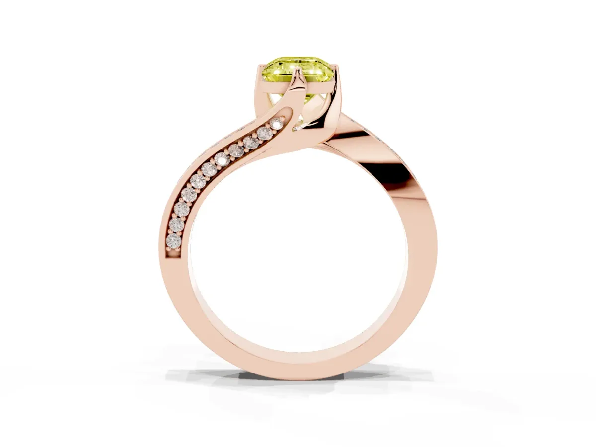 Fancy Yellow Emerald Cut Solitaire Diamond Twist Band with Pavé Setting and Four-Prong Setting Rose gold
