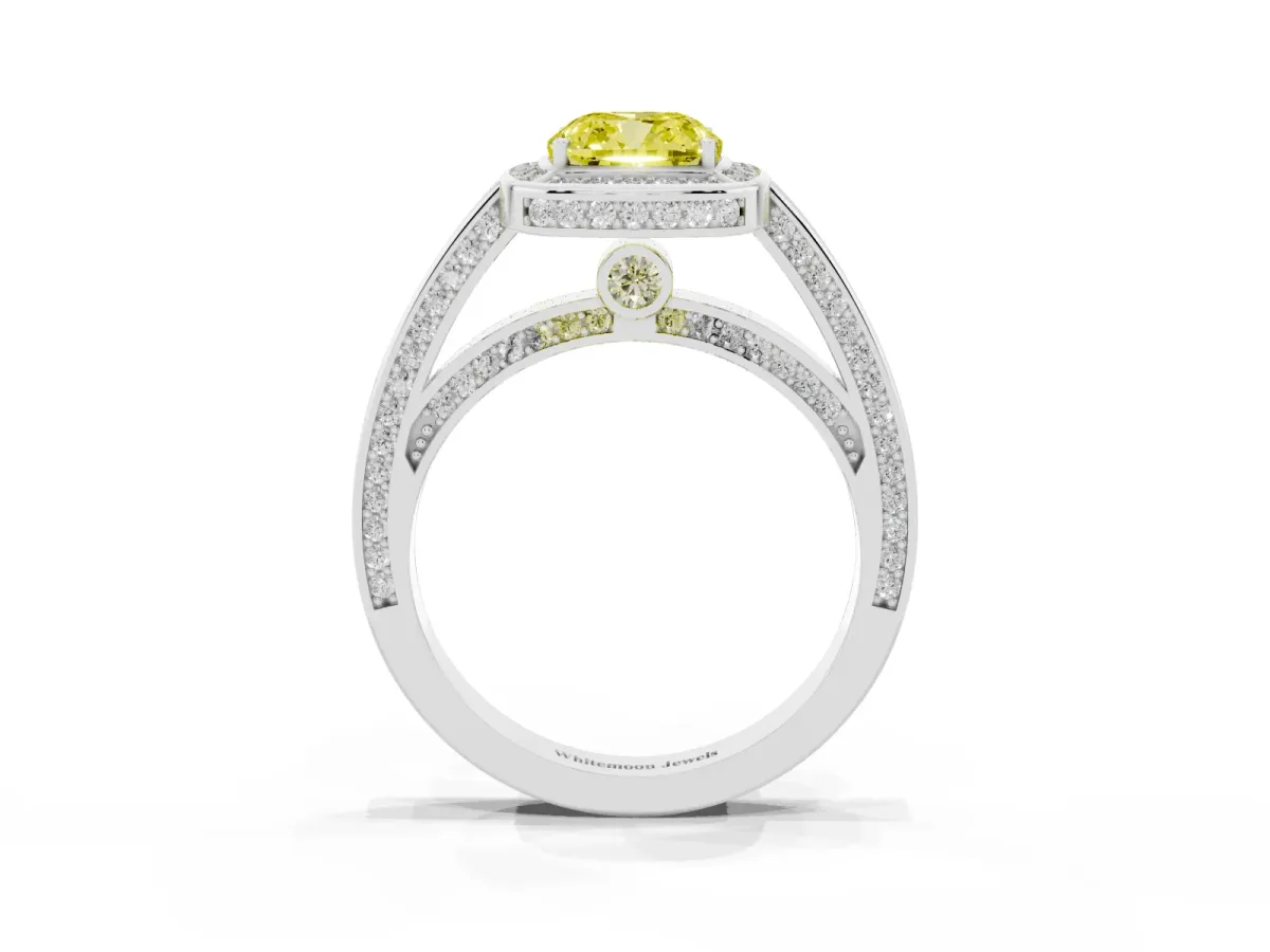 Fancy Yellow Cushion Cut Cut Halo Pave Split Shank Prong Setting Ring Platinum
