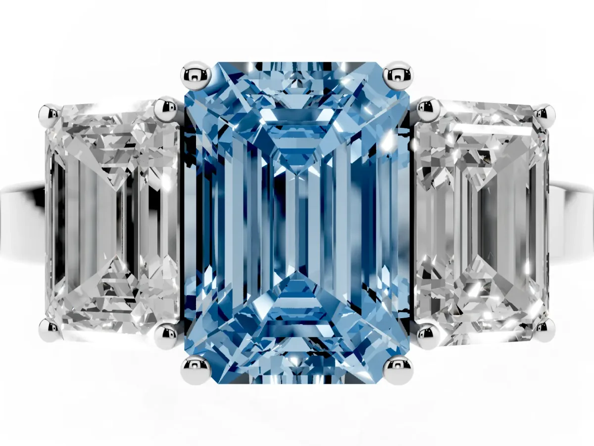 Fancy Blue Three-Stone Emerald Cut Cut Diamond Engagement Ring with Flat Band and Four-Prong Setting Platinum