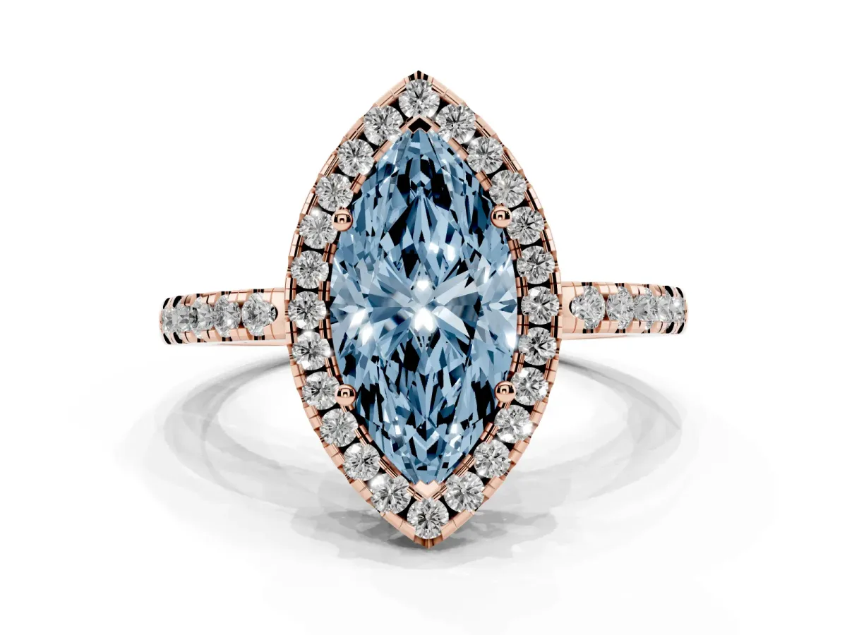 Fancy Blue Marquise Cut Halo Diamond Engagement Ring with Pavé Band and Four-Prong Setting Rose gold