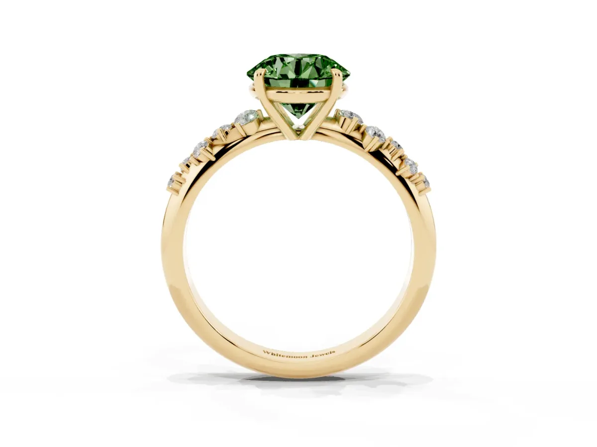Fancy Green Round Cut Diamond Cluster Side Stone Solitaire Ring with Prong Setting Yellow gold