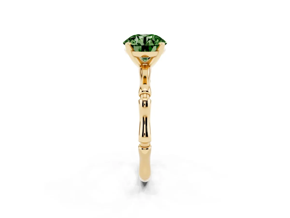 Fancy Green Round Cut Solitaire Diamond Ring with Bamboo Band and Four-Prong Setting Yellow gold