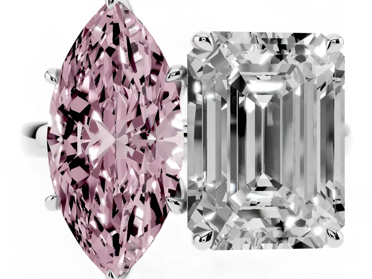 Fancy Pink Marquise Cut and Emerald Cut Toi Moi Ring with Prong Setting Silver