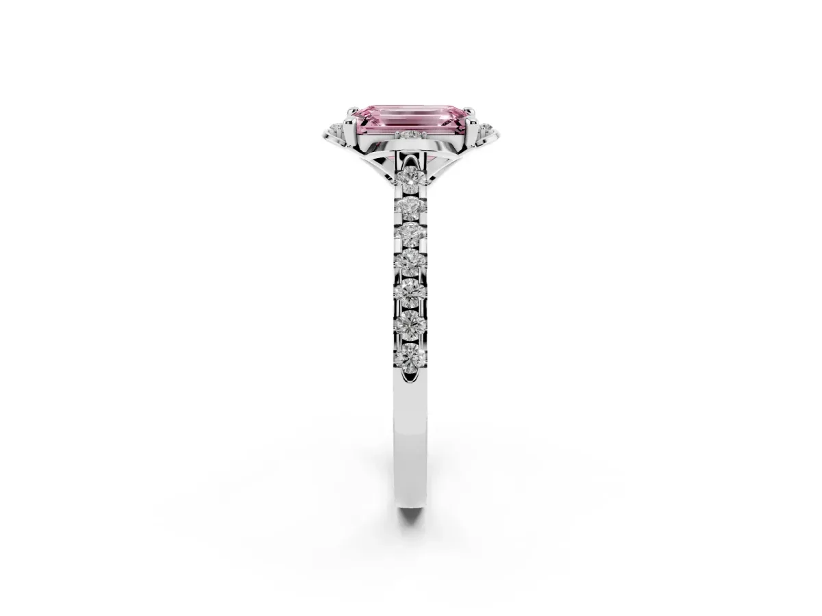 Fancy Pink Emerald Cut Diamond Ring with Pavé Band and Floral Prong Setting Silver