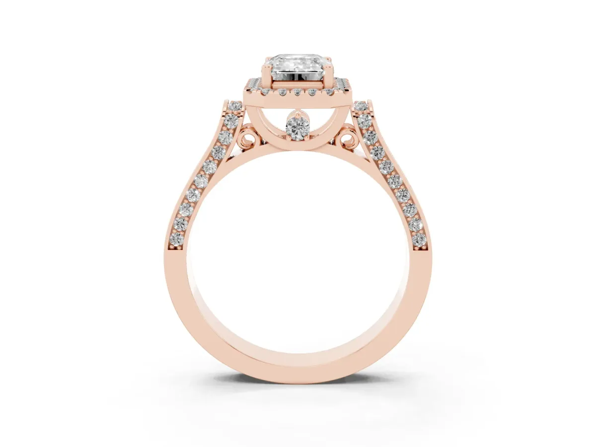 Emerald Cut Halo Pave Split Shank Prong Setting Ring Rose gold