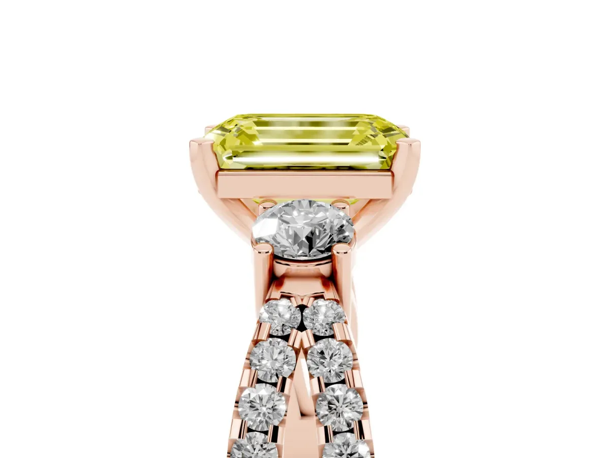 Fancy Yellow Emerald Cut Diamond Three-Stone Ring with Pavé Split Shank and Four-Prong Setting Rose gold