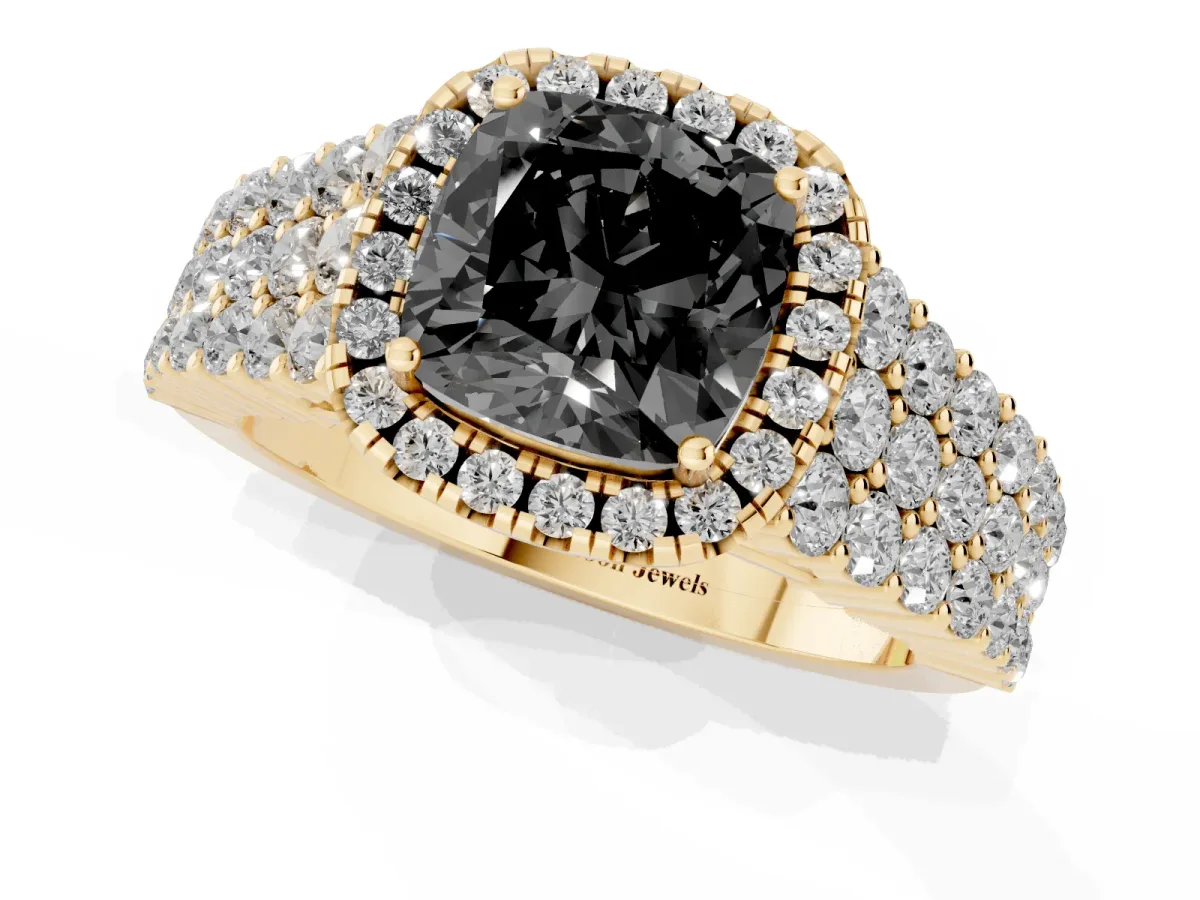 Fancy Black Cushion Cut Diamond Halo Engagement Ring with Triple Row Round Pavé Band and Prong Setting Yellow gold