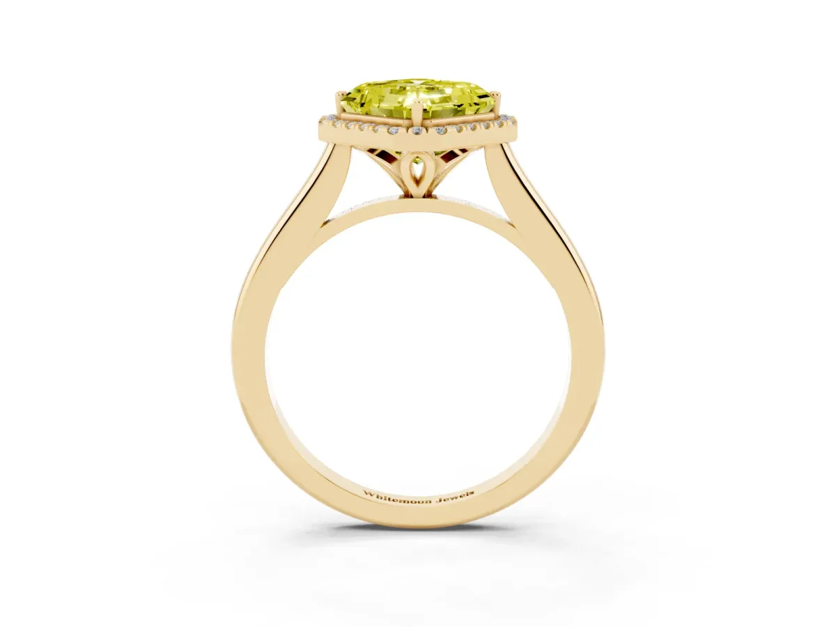 Fancy Yellow Asscher Cut Halo Round Diamond Solitaire Engagement Ring with Pave Band and Four-Prong Setting Yellow gold