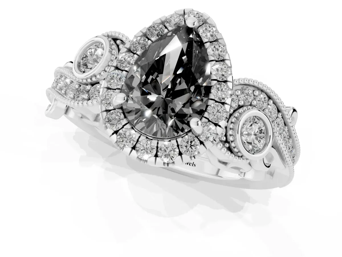 Fancy Black Pear Cut Halo Diamond Ring with Milgrain and Bezel Accents on a Split Shank Band Platinum