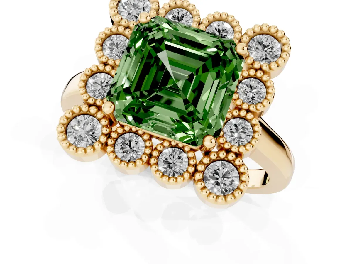 Fancy Green Asscher Cut Halo Diamond Cluster Engagement Ring with Milgrain Bezel Setting and Solitaire Band Yellow gold