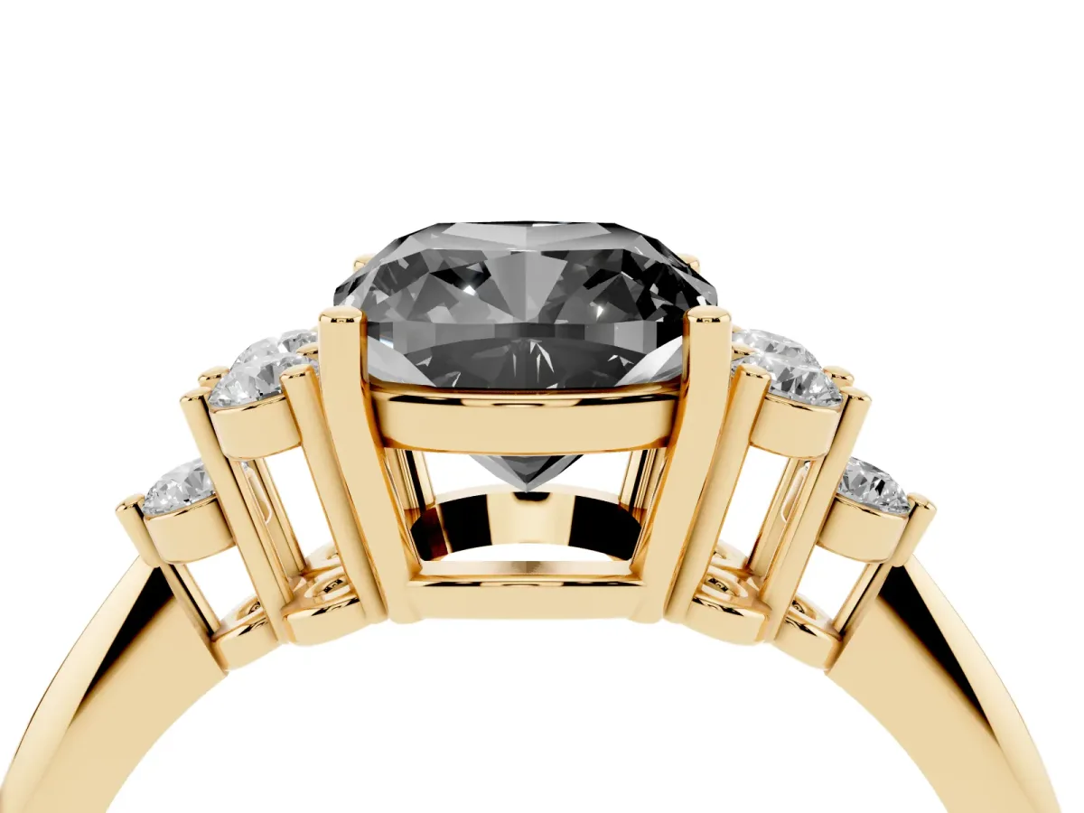 Fancy Black Cushion Cut Cut Diamond Cluster Ring with Solitaire Band and Four-Prong Setting Yellow gold