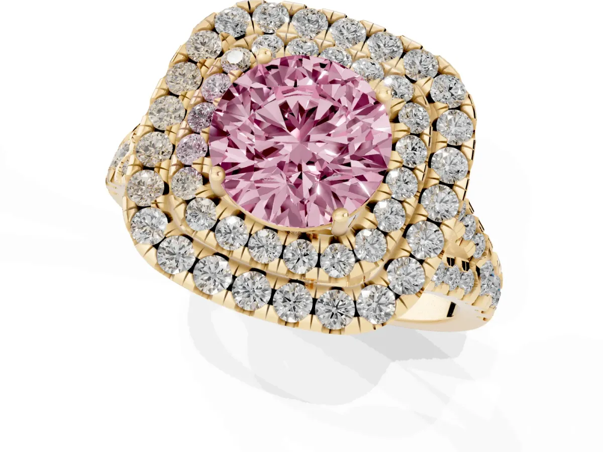 Fancy Pink Double Halo Round Cut Diamond Pavé Split Shank Ring with Prong Setting Yellow gold