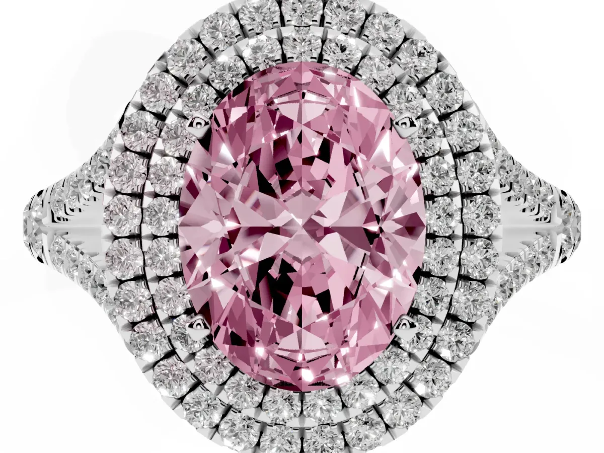 Fancy Pink Oval Cut Cut Double Halo Split Shank Diamond Ring with Prong Setting White gold