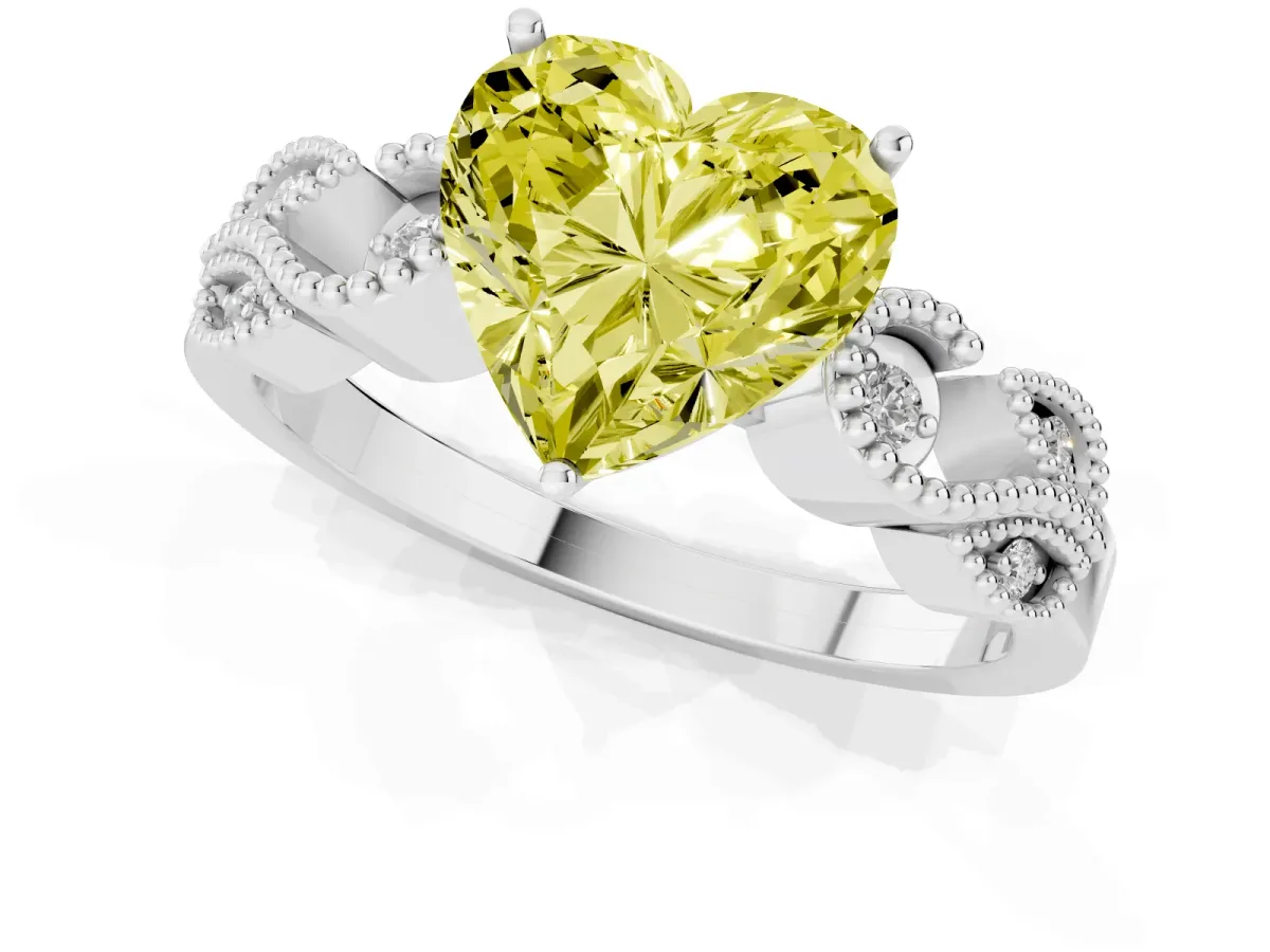 Fancy Yellow Heart Cut Solitaire Milgrain Leaf Band with Prong Setting White gold