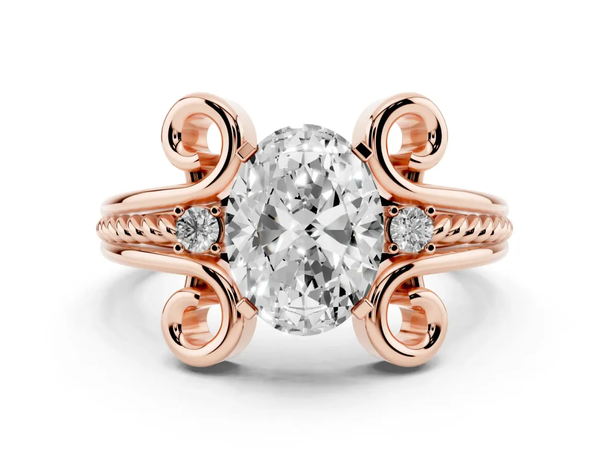 Oval Cut Solitaire Twisted Band Scroll Prong Ring Rose gold