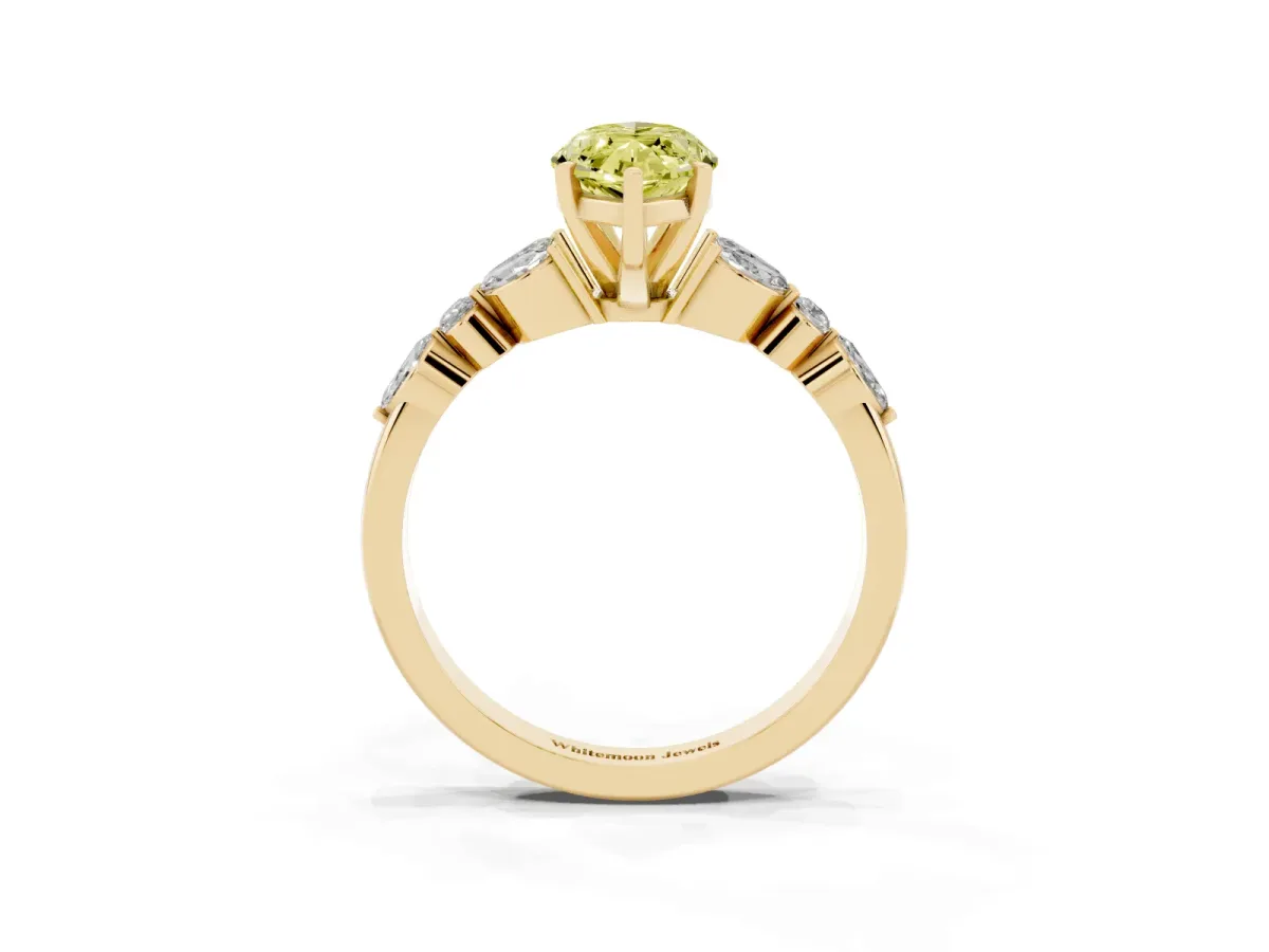 Fancy Yellow Marquise Cut Diamond Solitaire Ring with Side Stones and Four-Prong Setting Yellow gold