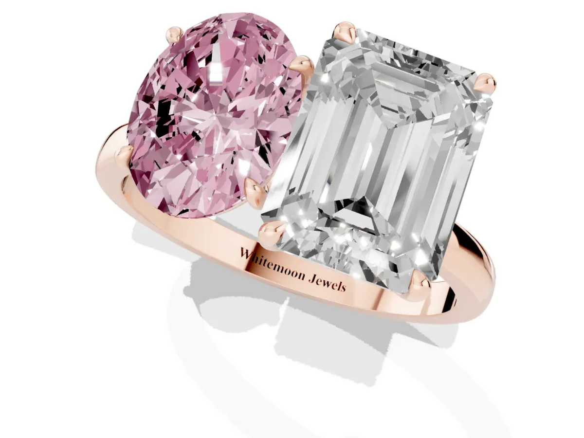 Fancy Pink Oval Cut and Emerald Cut Toi Moi Ring with Prong Setting Rose gold