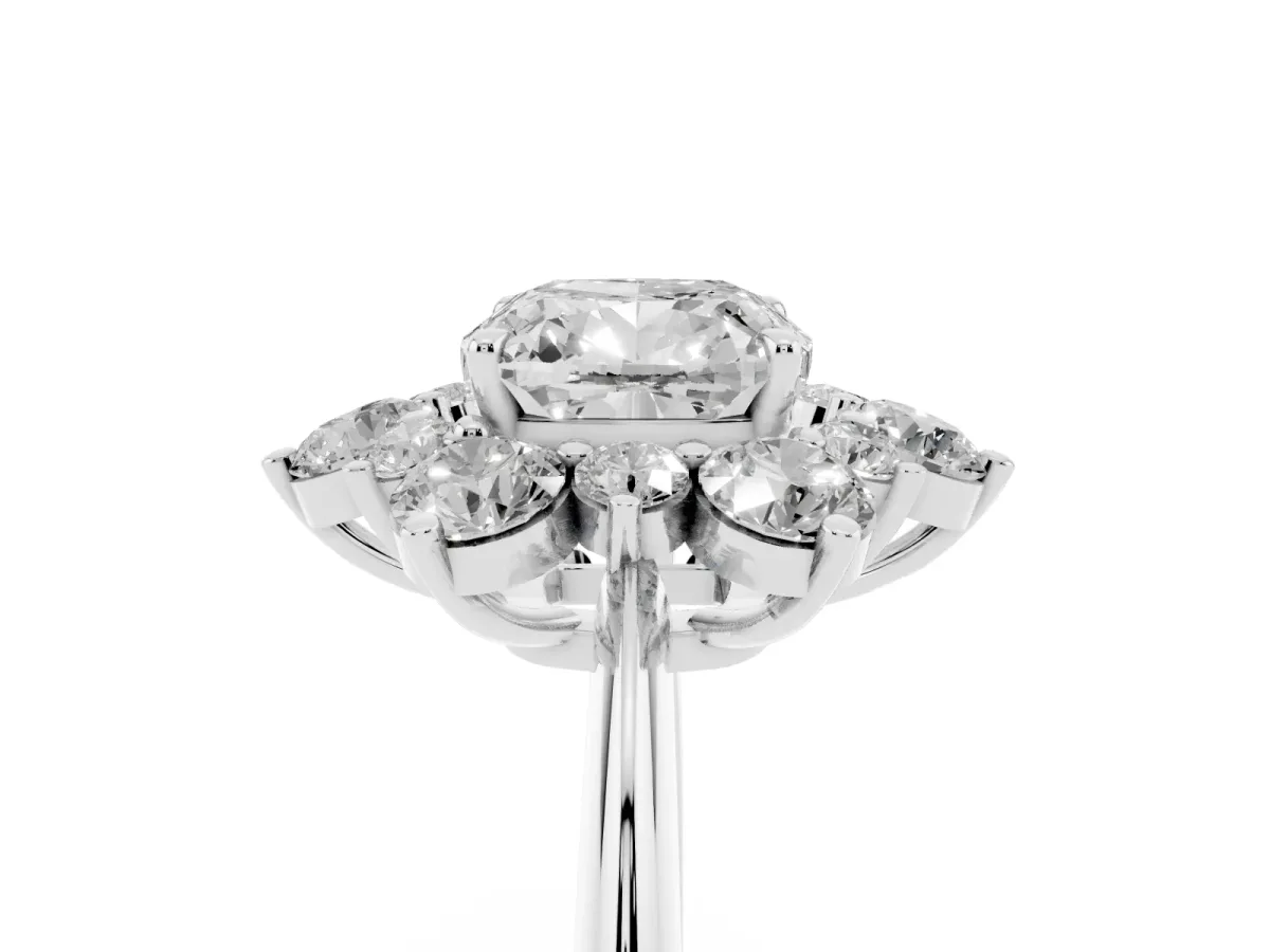Cushion Cut Diamond Cluster Halo Ring with Solitaire Band and Four-Prong Setting Platinum