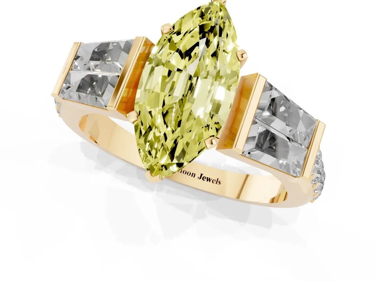 Fancy Yellow Marquise Cut Diamond Engagement Ring with Baguette Side Stones and Channel Set Band Yellow gold