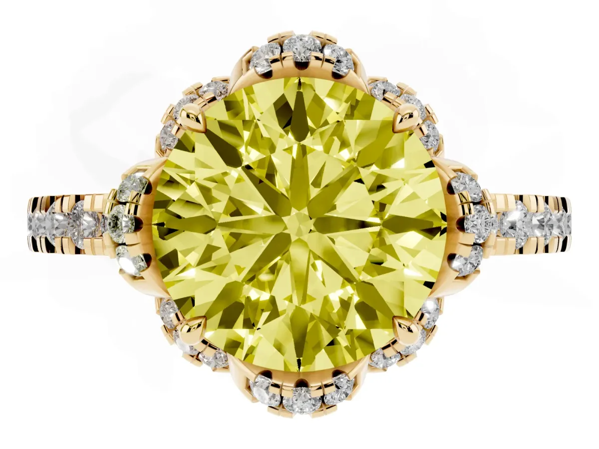 Fancy Yellow Round Cut Halo Diamond Pave Band Ring with Four-Prong Setting Yellow gold