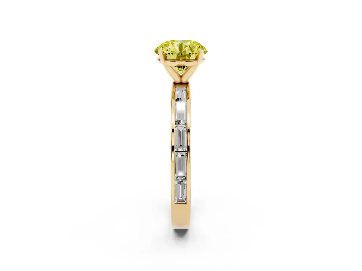 Fancy Yellow Round Cut Solitaire Diamond Ring with Channel-Set Baguette Band and Four-Prong Setting Yellow gold
