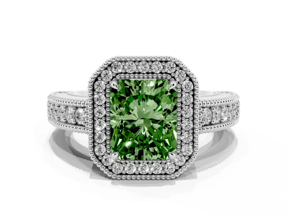 Fancy Green Radiant Cut Cut Halo Diamond Ring with Pavé Band and Four-Prong Setting Silver
