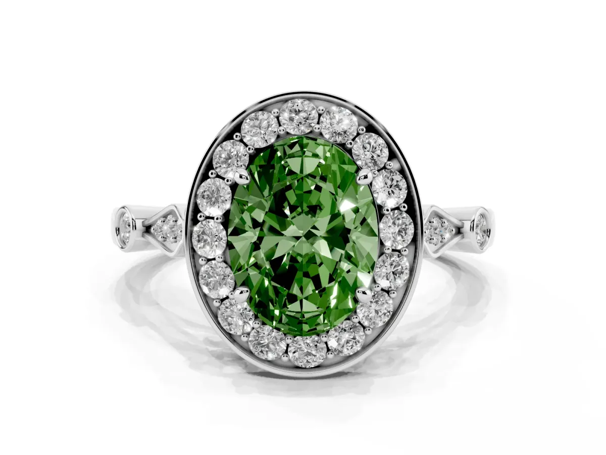 Fancy Green Oval Cut Halo Diamond Engagement Ring with Twisted Band and Four-Prong Setting White gold