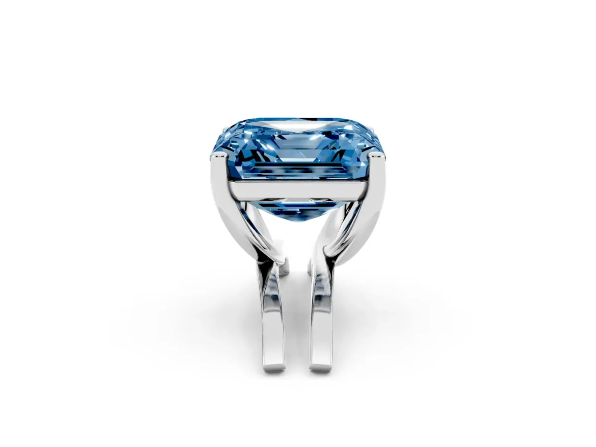 Fancy Blue Asscher Cut Cut Diamond Solitaire Engagement Ring with Tapered Plain Band and Four-Prong Setting Silver