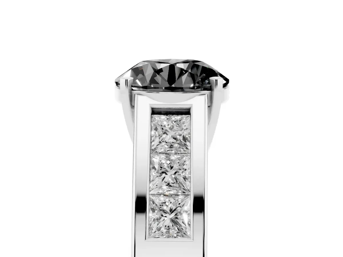 Fancy Black Round Cut Cut Channel Set Solitaire Ring with Four-Prong Setting White gold