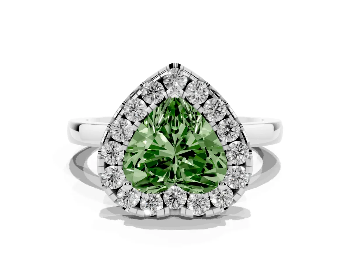 Fancy Green Heart Cut Halo Diamond Solitaire with Pavé Band and Four-Prong Setting Silver