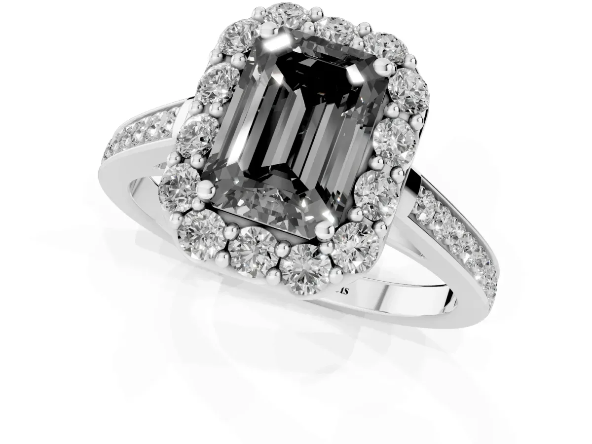 Fancy Black Emerald Cut Diamond Floral Halo Ring with Pavé Band and Prong Setting White gold