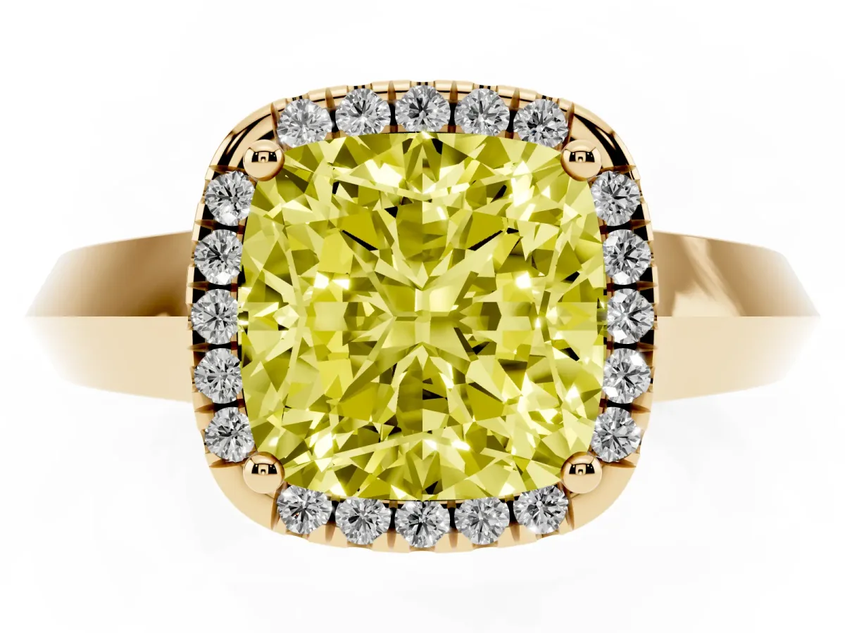 Fancy Yellow Cushion Cut Halo Diamond Ring with Cathedral Band and Four-Prong Setting Yellow gold