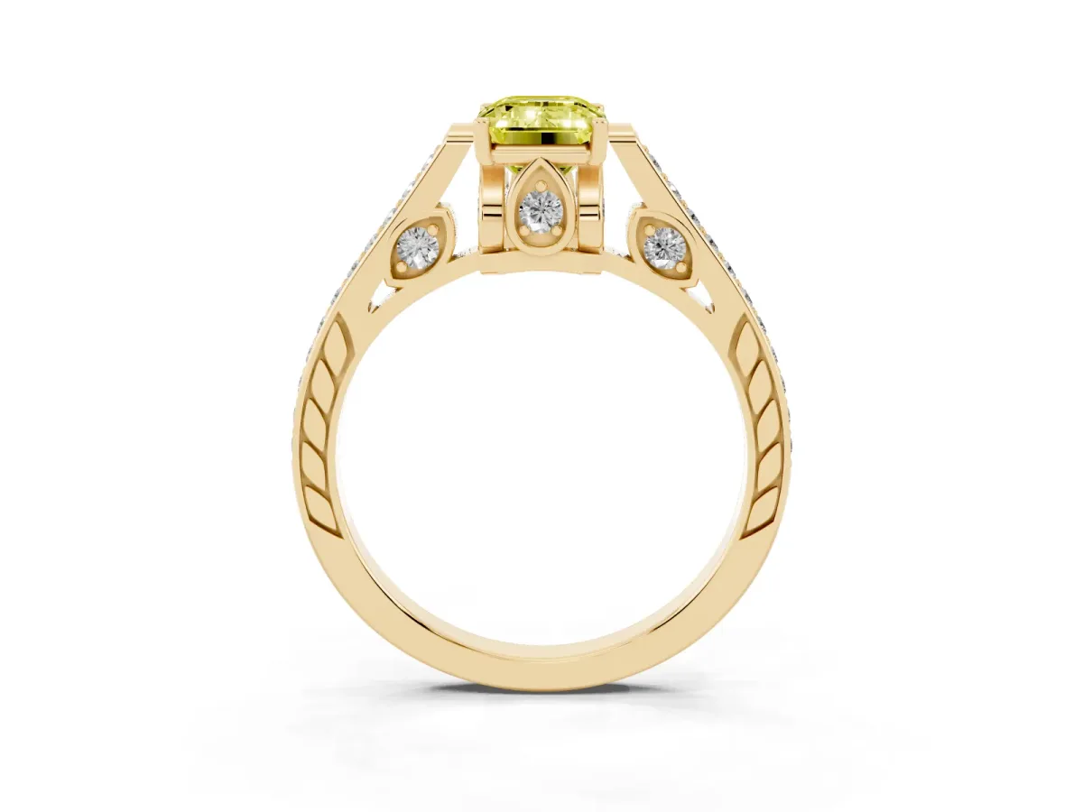 Fancy Yellow Emerald Cut Cut Cathedral Pave Diamond Engagement Ring with Six-Prong Setting Yellow gold