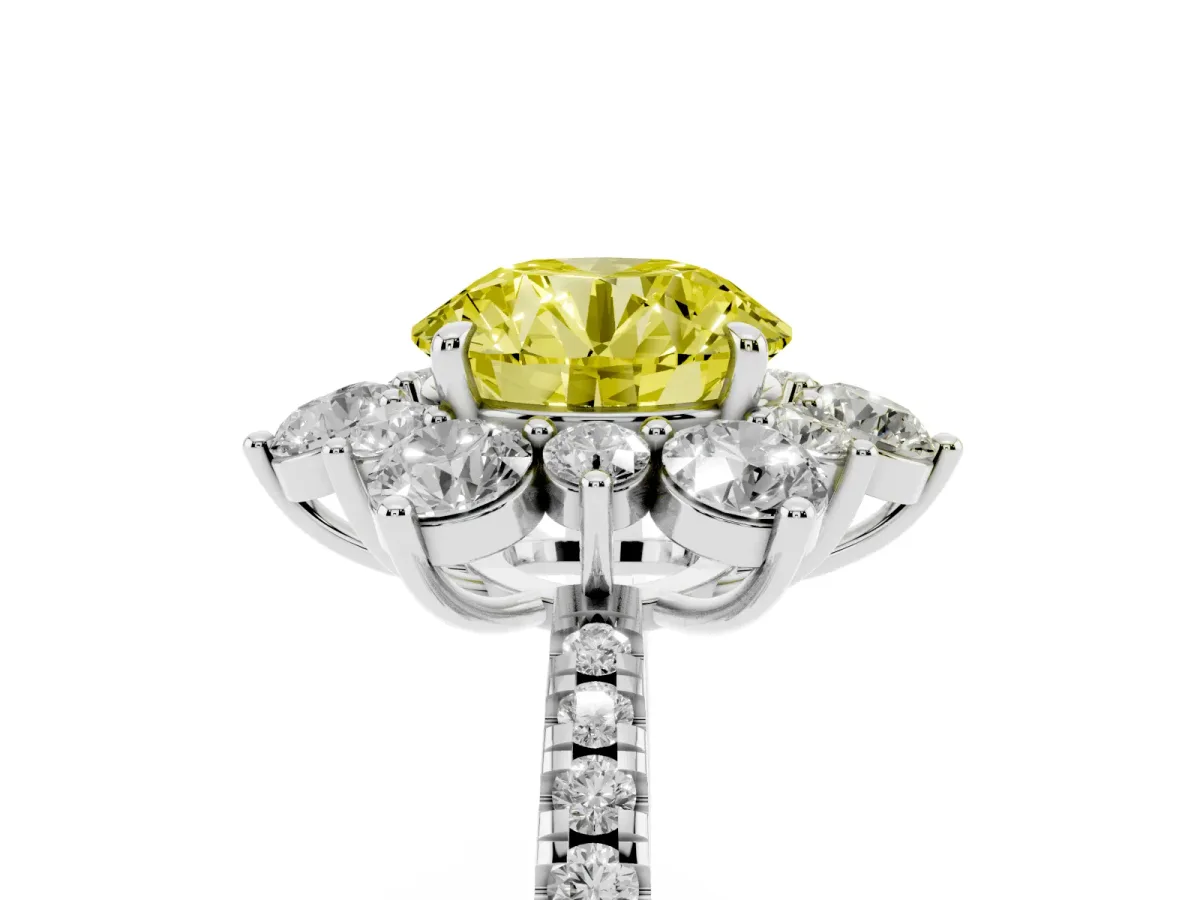 Fancy Yellow Round Cut Diamond Floral Halo Ring with Round Pavé Band and Prong Setting Silver